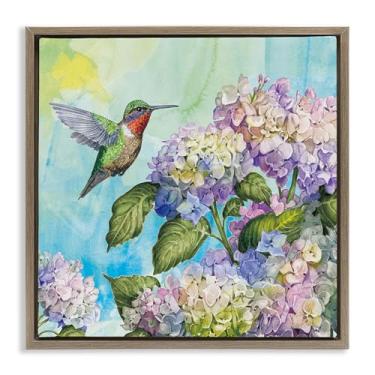 Imagem de Stupell Industries Design de arte de parede em tela flutuante marrom beija-flor e hortênsias por Tim Coffey, 63 x 63 cm
