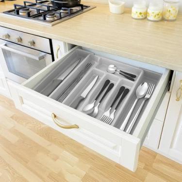 Imagem de Organizador de Talheres Extensível 5 a 7 Divisórias Cinza | Porta Utensílios para Gaveta de Cozinha | Ajustável, Resistente e Prático