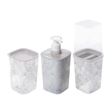 Imagem de Kit Banheiro Lavabo Porta Escovas de Dentes Saboneteira Porta Sabonete Líquido E Algodão (Marmorizado)