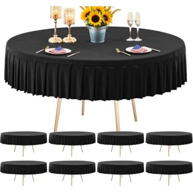 Imagem de Pacote com 8 toalhas de mesa pretas redondas de elastano para mesas de 180 cm, toalha de mesa elástica com saia, sem vincos, para festa de aniversário, formatura, decoração de casa