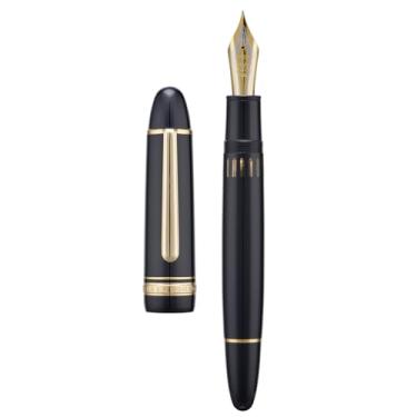 Imagem de Caneta-tinteiro de acrílico Yongsheng Junlai 930, ponta média tamanho 9 com sistema de enchimento de pistão, tanque de tinta de cerca preta de piano com design em forma de torpedo, caneta de mão