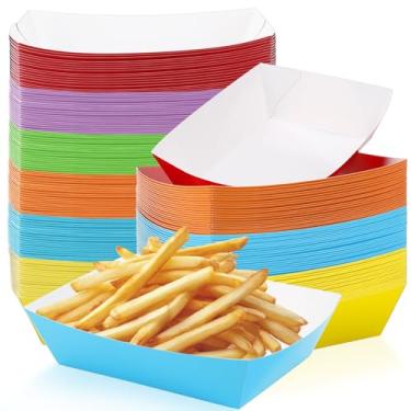 Imagem de IJRPLM 120 bandejas de comida de papel colorido, barcos de papel descartáveis de 2,3 kg, bandejas descartáveis de nacho, bandeja de cachorro-quente, barcos de servir comida Kraft colorida para lanches