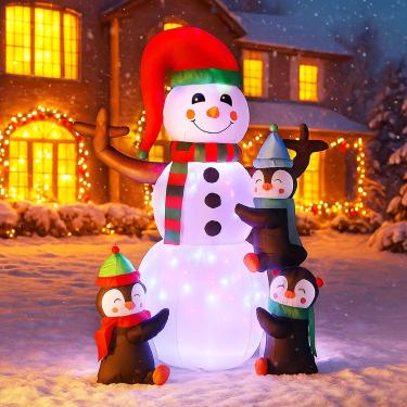 Imagem de Boneco de neve inflável de Natal com 1,8 m de altura e pinguins da Vivohome com luzes de LED giratórias coloridas para decoração de quintal