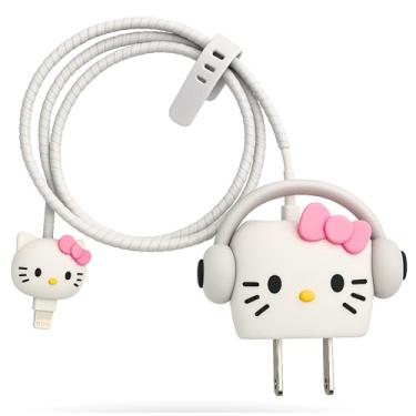 Imagem de EMOH ROCED Capa de carregador 3 em 1 20 W com desenho fofo compatível com adaptador de iPhone – capa compacta, durável, portátil e protetora com protetor de cabo (fone de ouvido branco gatinho)