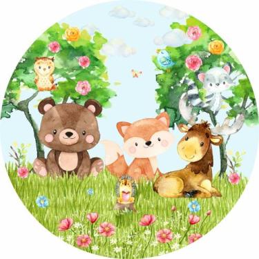 Imagem de Painel de Tecido Sublimado Redondo Animais Jardim Aquarela Floresta de