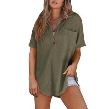 Imagem de Blusa túnica Astylish Waffle Knit com decote em V Henley Moss Green
