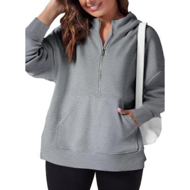 Imagem de Moletom feminino Eytino, tamanho grande, meio zíper, cinza, 4X
