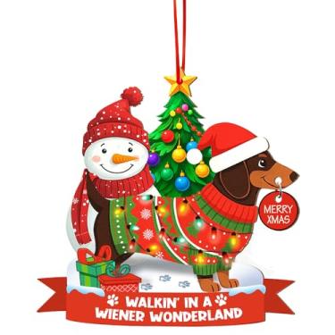 Imagem de PERSONAL84 Enfeite de Natal de Dachshund, Walkin' in a Wiener Wonderland, decoração de árvore de Natal com salsicha personalizada, suéter festivo com boneco de neve, presente para mães de animais de