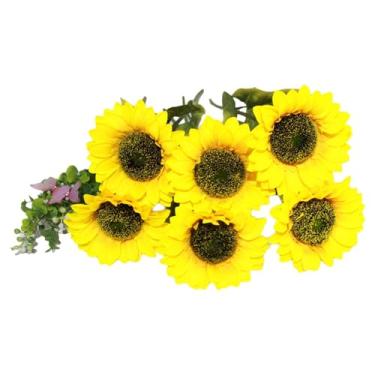 Imagem de Flores artificiais grandes de girassol realista com folha de eucalipto e borboleta de tecido, como um buquê de mesa ou decoração de jardim ao ar livre, 6 peças (6)