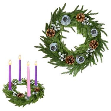 Imagem de Stranthother Guirlanda de Natal do advento de pinheiro Norfolk com bagas prateadas e pinhas do advento católico, suporte de vela, mesa de igreja, centro de mesa, presentes de decoração de férias