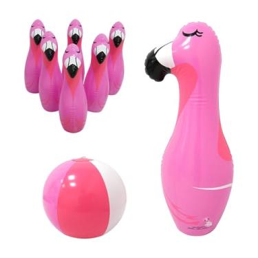 Imagem de Fenteer Conjunto de boliche inflável para jogos internos e externos, esportes, portátil, educação infantil, quintal, jogos de boliche, conjunto com bola para, Flamingo