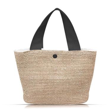 Imagem de QTKJ Bolsa de praia de palha, sacola para mulheres, alça de transporte de lona de patchwork, tecido boêmio, bolsa de verão adequada para praia, viagens, combinação diária (preto)