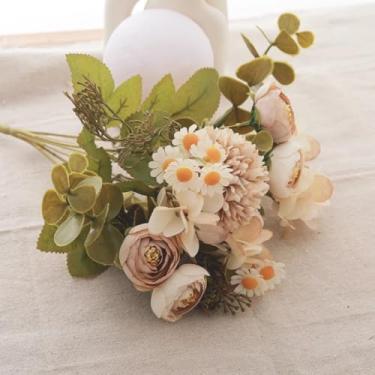 Imagem de Flores artificiais de seda, rosas, girassóis, scrapbook, decoração para casa, natal, casamento, buquê de flores falsas, vaso, arranjo de jardim (café claro)