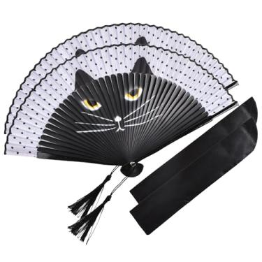 Imagem de HONSHEN 2 pacotes 8,27" (21 cm) ventilador de mão dobrável de seda de bambu ventilador de mão, chinês, charmoso japonês elegante estilo retrô, mulheres senhoras meninas melhores presentes (gato preto)