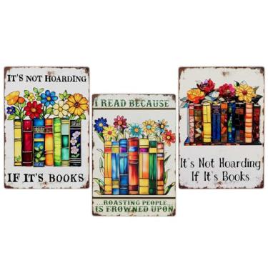 Imagem de Presentes Bookish Gifts Book Nook Decor Placa de metal para leitor amante de livros: 3 peças de flores apanhador de sol lendo placas de lata para casa sala de aula biblioteca café quarto estante sala