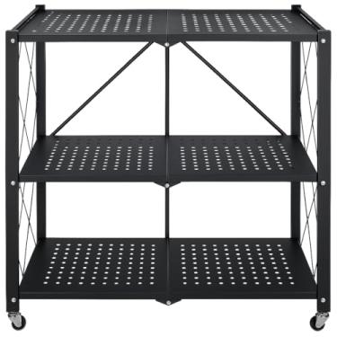 Imagem de Prateleira de Aço Dobrável com Rodinhas–Estante Organizador 3 Níveis Organização Casa e Escritório