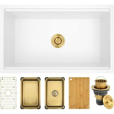 Imagem de MONSINTA Pia de cozinha branca 78,7 cm x 45,7 cm, pias de cozinha compostas de granito branco com borda e acessórios dourados, pia Kithcen de pedra de quartzo de 78,7 cm, 78,7 x 45,7 x 22,8 cm, pias