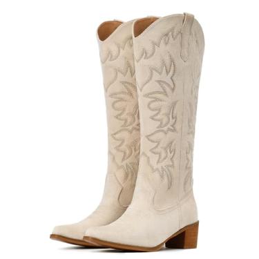 Imagem de IUV Botas de caubói femininas na altura do joelho, botas de caubói ocidental, bico curto, zíper lateral, salto grosso, Camurça branca, 39