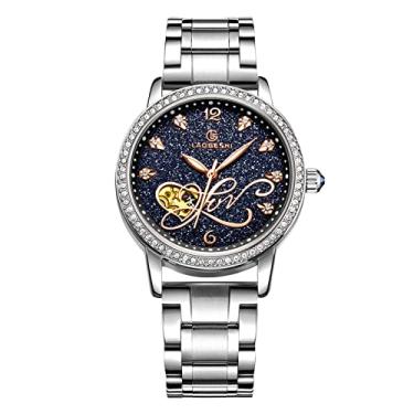 Imagem de Relógio mecânico automático feminino RORIOS com mostrador de diamante simulado luminoso com céu estrelado brilhante, pulseira de aço inoxidável, relógios de pulso femininos, Silver Blue