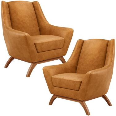 Imagem de Kit 02 Poltronas Decorativa Fixa Base de Madeira Castanho Juliet D02 Couríssimo Whisky B-90 - Lyam Decor