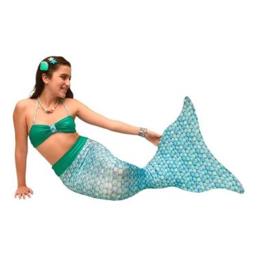 Imagem de Cauda de Sereia Completa para Nadar + Nadadeira Concha Azul