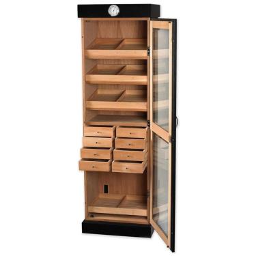 Imagem de Umidor Torre Preto com Prateleiras e Gavetas Ajustáveis | Grande Capacidade, Porta de Vidro Temperado, Higrômetro e Forro de Cedro
