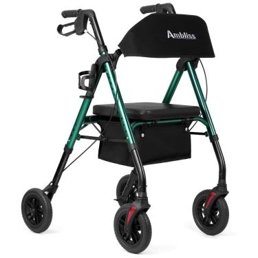 Imagem de Andador Rollator Ambliss para idosos, rodas de 20 cm, capacidade de 136 kg, leve, com assento, cesto, encosto largo, altura ajustável