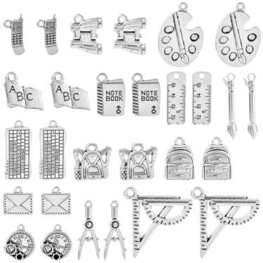 Imagem de SUNNYCLUE 1 caixa, 56 peças, 14 estilos, pingentes de prata para escola, papelaria, liga metálica, régua, lápis, bússola, pingentes, para fazer joias, dia dos professores, faça você mesmo, artesanato