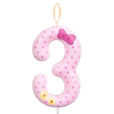 Imagem de Velas de Aniversário com Laço Rosa, Velas Rosa e Brancas de Bolinhas Gato Desenho Animado Decoração Bolo Topo Vela para Meninas Mulheres Casamento Aniversário Festa (Número 3)