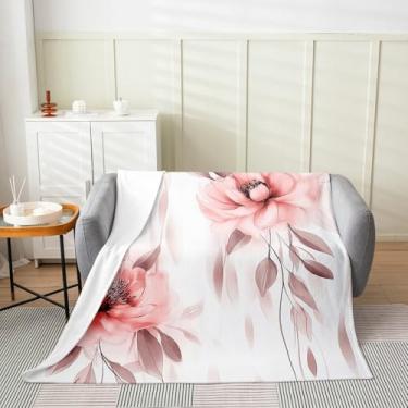 Imagem de Cobertor de flanela Boho Blush e cinza, manta floral aquarela, estilo pintura de tinta, flores e folhas, aconchegantes para cama, sofá, decoração de quarto de crianças, meninos, meninas, macio e