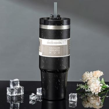 Imagem de Copo dobrável térmico de aço inoxidável com tampa e canudo para chá gelado ou café, compatível com viagens, 887 ml, preto