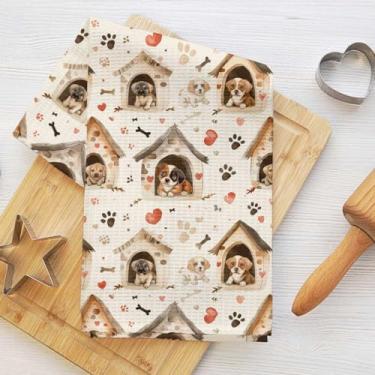 Imagem de Adorável filhote de cachorro em casa, toalha de prato de microfibra decorativa vintage absorvente toalha de chá, toalhas de mão waffle para casa de fazenda, casa de banho, presentes para amantes de