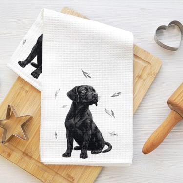 Imagem de Toalhas de cozinha pretas com folhas de cachorro, utensílios de mesa decorativos absorventes de microfibra pano de prato toalha de chá, toalhas de mão de waffle para cozinha, casa, banheiro, presentes