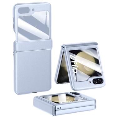 Imagem de Para samsung galaxy z flip5 dobradiça caso de telefone para samsung z flip 5 flip5 zflip5 5g filme de vidro temperado capa de couro, roxo, para samsung z flip 5