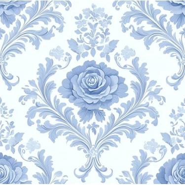Imagem de Papel de parede damasco floral azul descasque e cole 17,9 x 118,1