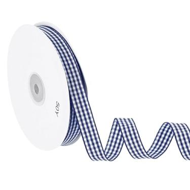 Imagem de PATIKIL Fita guingão de 50 jardas x 1,5 cm, fita xadrez de nylon quadriculada para presente para grinalda de laço de ação de graças, artesanato, aniversário, casamento, azul marinho