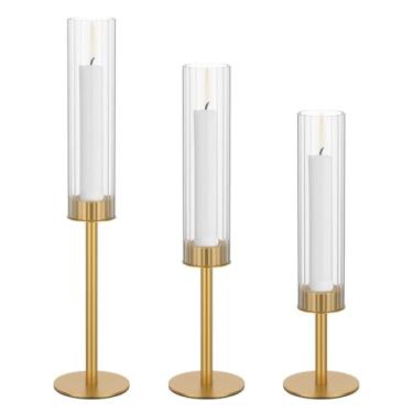 Imagem de 3 peças de castiçal Hurricane com cilindro de vidro canelado, suporte de castiçal alto à prova de vento para lareira de mesa, decoração de sala de estar