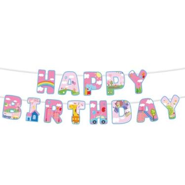 Imagem de Faixa Feliz Aniversário, Faixa Pendurar com Tema Animal de Desenho Animado Rosa Pré-Enfiada para Decoração de Parede e Teto Artigos para Festa Aniversário Infantil (Estilo B)