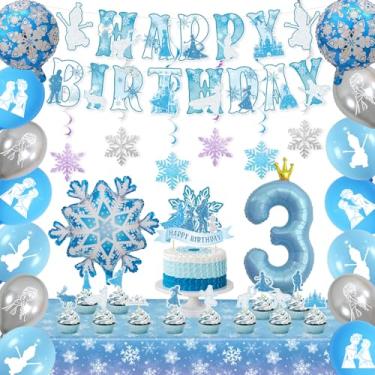 Imagem de 3rd Frozen Birthday Party Decorations Kit - blue Silver Winter Wonderland Birthday Decorations Crown Number 3 Balloon Banner Snowflake Cake Topper Tablecloth for Boy Girls baby shower decor