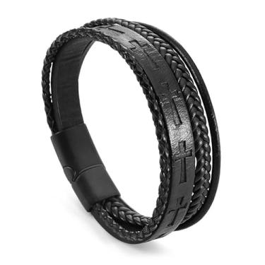 Imagem de REchoLI Pulseira de cruz masculina, pulseira de couro multicamadas preta/marrom com fivela de aço inoxidável, pulseira religiosa, joia cristã 21 cm 21 cm 21 cm, 21, Aço inoxidável, Sem Pedra Preciosa