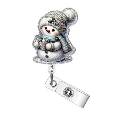 Imagem de 1 peça de molinete de crachá de boneco de neve de Natal fofo clipe de crachá de enfermeira acessórios de etiqueta de nome de Natal com clipe jacaré com glitter acrílico porta-crachá de boneco de neve