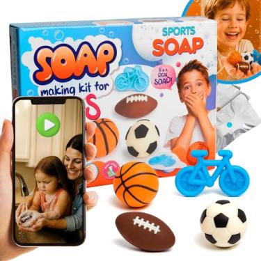 Imagem de Kit de fabricação de sabão para crianças – Kit de fabricação de sabão faça você mesmo com moldes esportivos (basquete, futebol, futebol e bicicleta), suprimentos para fabricação de sabão que promovem