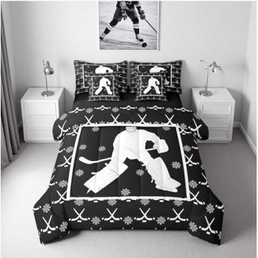 Imagem de Erosebridal Conjunto de edredom Queen, tamanho Queen, com lençol de cima e lençol com elástico para crianças e adolescentes, preto e branco, jogos de esportes de inverno, com fronha e capa