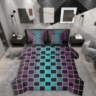 Imagem de Erosebridal Jogo de cama King xadrez preto com 7 peças, roxo, turquesa, quadriculado, estética ombré, para crianças e adultos, jogo de cama guingão gradiente