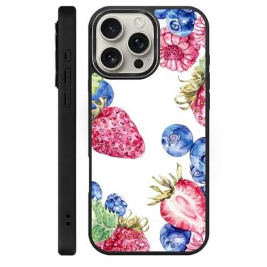 Imagem de Zhhoya Capa para iPhone 16 Pro Max, estampa de morango, mirtilo, fruta, preta, compatível com MagSafe, capa rígida protetora para mulheres, homens, meninos e meninas