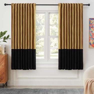 Imagem de Cortinas de veludo para sala de estar, dourado, preto, 183 cm de comprimento, 2 painéis, cortinas blackout modernas, bloco de cores, bolso traseiro, varão, cortinas à prova de som, para decoração de
