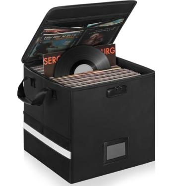 Imagem de IBVIVIC Caixa de armazenamento de discos de vinil à prova de fogo, organizador de armazenamento de discos com trava à prova de fogo para discos de vinil de mais de 100 12 polegadas, organizador de
