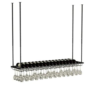 Imagem de Prateleiras de vinho pretas penduradas, suporte de garrafa de vinho de teto, prateleira de armazenamento de metal para armazenamento de taça de vinho, altura e largura ajustáveis (tamanho: 140 x 27 x