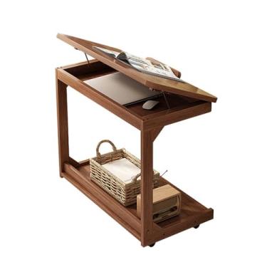 Imagem de Mesa lateral de madeira com rodas com mesa ajustável para quarto e sala de estar (uma cor 60 cm)
