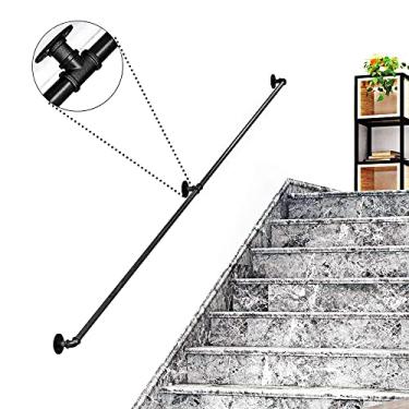 Imagem de Corrimão de escada, tubo de ferro, corrimão, escada, degraus, trilho de mão para escadas internas, capacidade de carga de 199 kg, suporte de montagem na parede, aço galvanizado, estilo industrial